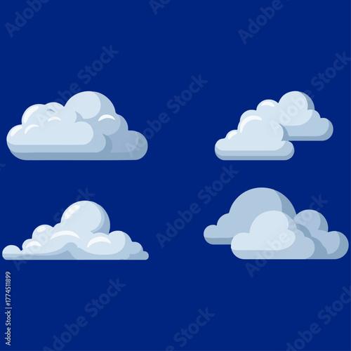 Vector illustration of fluffy white clouds in the blue sky, featuring four different cloud shapes in flat cartoon style, perfect for weather icons, sky backgrounds, or nature design concepts
