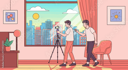 Two individuals filming a cityscape through a window, one operating the device and the other assisting.