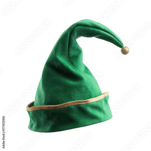 A traditional green elf hat featuring a gold band and a small golden bell on its curved tip shown on a black background