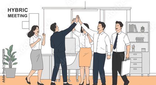 A team of business colleagues celebrating a successful hybrid meeting with a group high-five in a modern office.