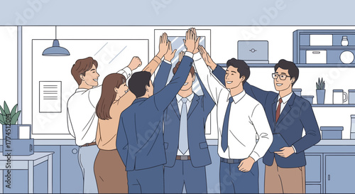 A diverse group of colleagues celebrating a successful project completion with high fives in an office setting.