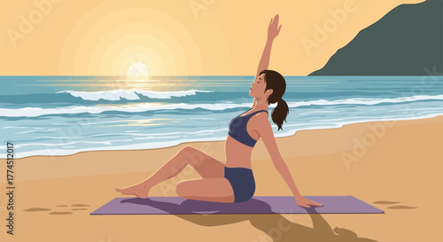 Woman doing yoga on a beach at sunset, enjoying the peacefulness and tranquility.