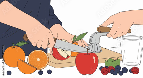 Two people preparing fresh fruit for juicing, one slicing an apple while the other washes berries under a faucet.