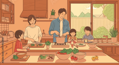 A happy family of five, including parents and three children, cooking a healthy meal together in a warm and inviting kitchen.