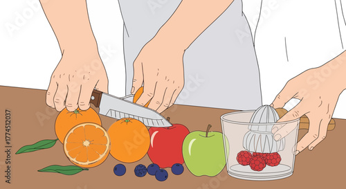 Person slicing oranges and preparing fruit with other ingredients for a healthy drink.