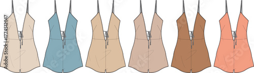 Fashion flats depict a women's playsuit design in six distinct, soft colorways. This technical drawing collection inspires apparel creation and textile palette development