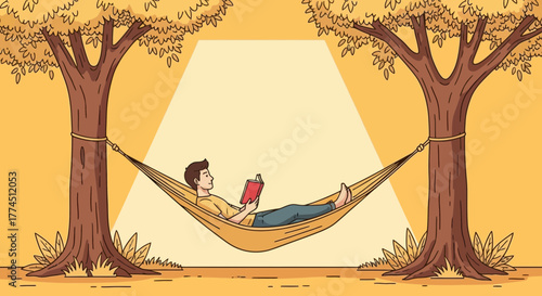 A person relaxing in a hammock strung between two trees, reading a book.