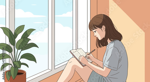 Young woman with short brown hair sitting by a large window, writing in a notebook with a pen, a green plant nearby, enjoying a peaceful moment indoors.