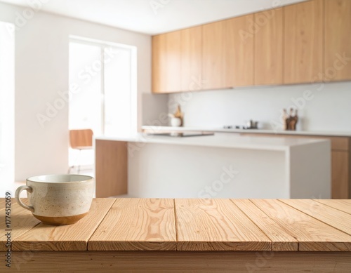 Rustic Kitchen Scene with Coffee Cup on Wooden Table, Blurred Background