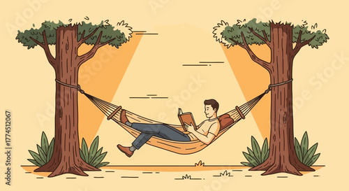 A young man relaxing in a hammock strung between two trees, deeply engrossed in reading a book outdoors.