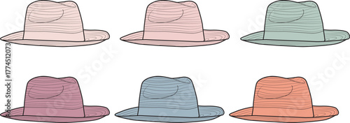 Collection of six different colored hats displayed in two rows of three on a white background