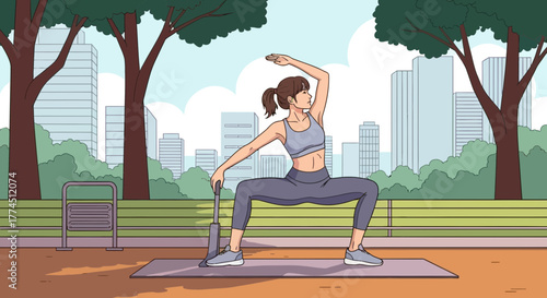 A woman in athletic wear performs a wide squat exercise with a resistance band on a yoga mat in an urban park setting with city buildings in the background.