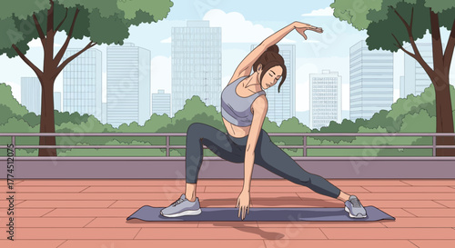 A woman practices yoga outdoors on a mat, stretching her body with a cityscape backdrop.