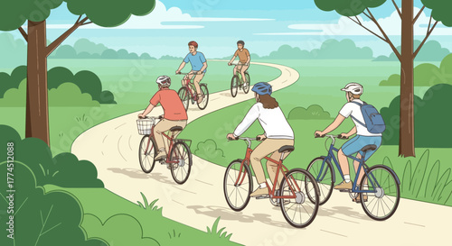 A group of five people enjoy a leisurely bike ride on a winding path through a green park on a sunny day.