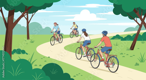 A group of friends enjoys a scenic bike ride on a sunny day through a park with trees and a winding path.