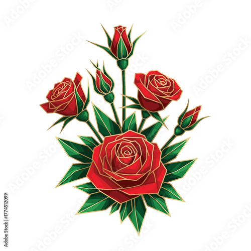 Elegant Red Roses Bouquet with Gold Outline Vector Illustration - Luxury Floral Design