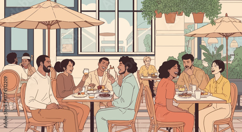 A diverse group of friends enjoying a meal together at an outdoor cafe on a sunny day.