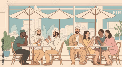 People gathered at outdoor tables, enjoying food and drinks, under umbrellas, in front of a restaurant.