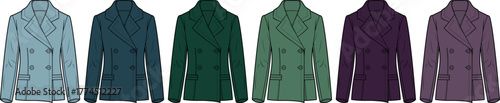 A stylish collection of illustrated double-breasted short coats, showcasing a diverse spectrum of contemporary colors for fashion design, apparel concepts, or visual presentations