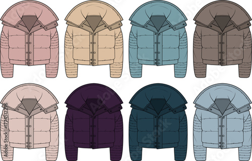 Collection of puffer jacket designs in various muted color palettes for fashion illustration