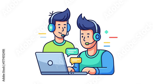 Two customer service representatives wearing headsets, working on a laptop, with speech bubbles.