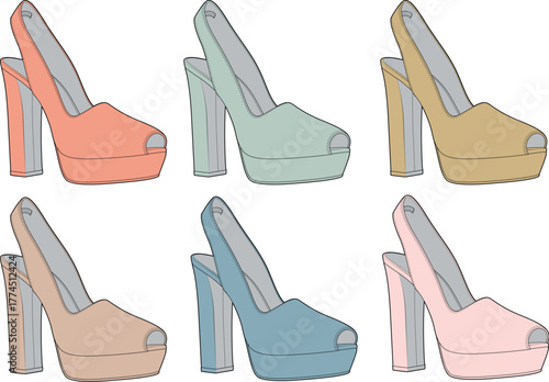 Vector illustration of a fashionable set of women's summer peep-toe platform sandals in various pastel colors with high block heels