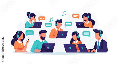 Illustration of people working remotely with laptops and headphones, communicating online.