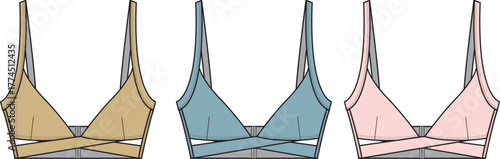 Women's wrap bikini top and bralette fashion design template. Vector technical flat sketch illustration set in multiple colors