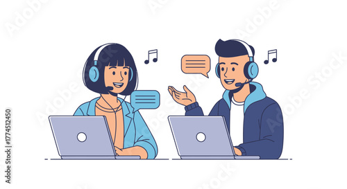 Two individuals wearing headsets with microphones, communicating and working on laptops, representing online support or virtual collaboration.