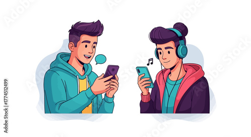 Two young men are using their smartphones, one is texting and the other is listening to music with headphones.