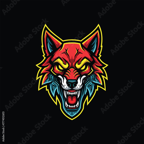 Futuristic cyborg arm with a clenched fist holding a symbol of electric power, a mascot design for technology or gaming