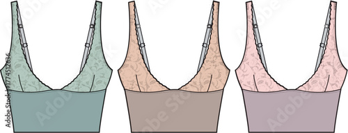 Collection of illustrated women's bralettes in soft pastel hues, showcasing a comfortable and feminine apparel design with adjustable straps