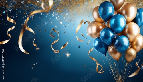 celebration birthday wedding ballons blue golden golden ribbons flying on the top of image blue background texture card