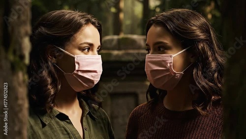 Two Young Women Wearing Face Masks in Forest Environment