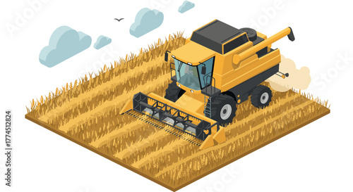 Modern isometric combine harvester in wheat field with clouds