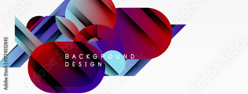 Abstract geometric shapes, vibrant colors, dynamic composition. Modern design elements create visually striking background.