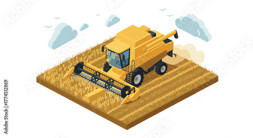 Modern isometric combine harvester on wheat field with cloudy sky