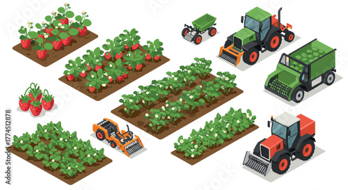 Isometric farm equipment and crops with strawberry and vegetable fields