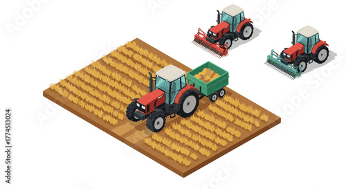 Isometric farming equipment on wheat field with tractors and harvesting tools