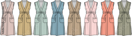 Collection of stylish wrap bathrobes or dressing gowns in a diverse range of colors, perfect for loungewear and relaxation at home or spa