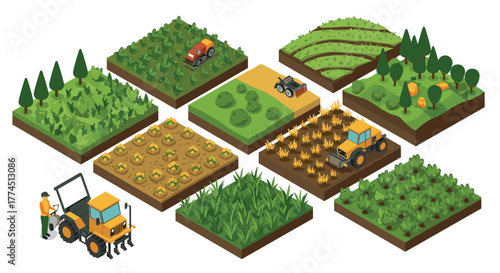 Isometric farming scenes with agricultural machinery and crops in various stages