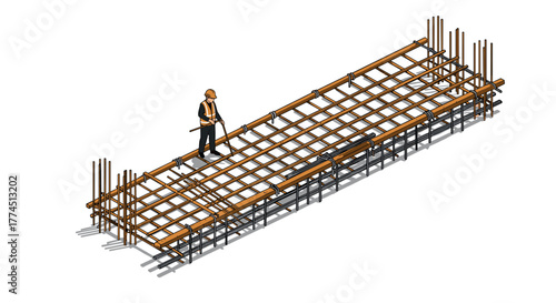 Isometric construction worker on reinforced concrete framework in safety gear