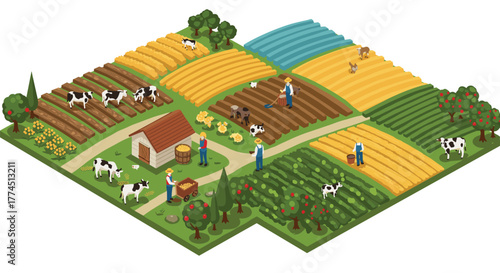 Farming landscape with farmers and cows working in isometric fields