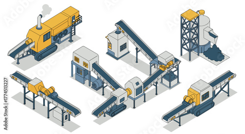 Isometric industrial factory assembly line with conveyor belts and machinery