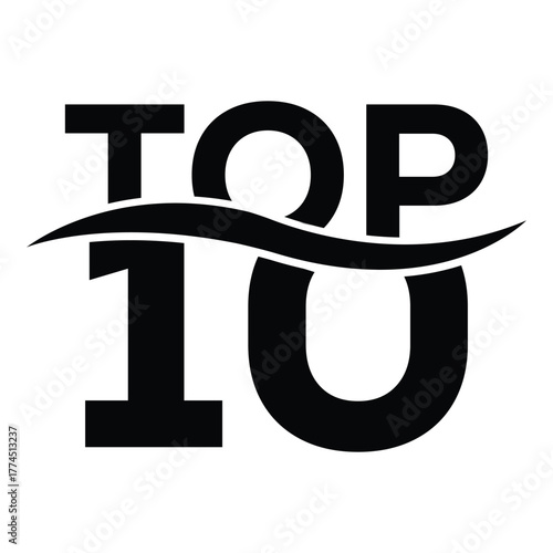Modern “Top 10” typography design featuring bold black letters with a dynamic swoosh line. Minimalist and stylish layout ideal for ranking lists, marketing graphics, and annual highlights.