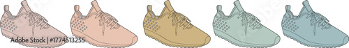 A collection of five contemporary athletic sneakers, presented in an array of soft pastel hues, illustrating modern footwear design and colorful choices for versatile style