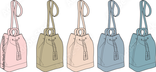 Vector Illustration Stylish Drawstring Bucket Bags with Shoulder Straps in Pastel Colors