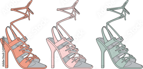 Fashionable strappy heeled sandals in three distinct color palettes, perfect for adding a touch of elegance to any outfit