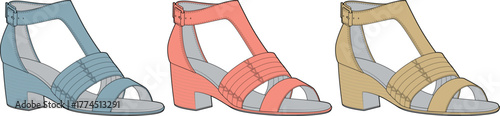 Three stylish sandal illustrations in varying colors, perfect for fashion design and summer footwear concepts