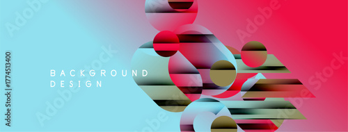 Abstract geometric shapes overlap, creating vibrant color gradients. Blue, red, purple hues dominate design. Modern aesthetic.